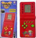 Red handheld electronic game with green buttons and colorful packaging on a white background