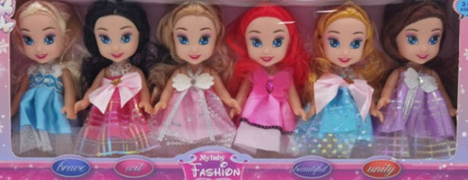 Set of six dolls in various dresses with a pink border