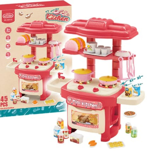 Toy kitchen set with pink stove and accessories, including a matching box.