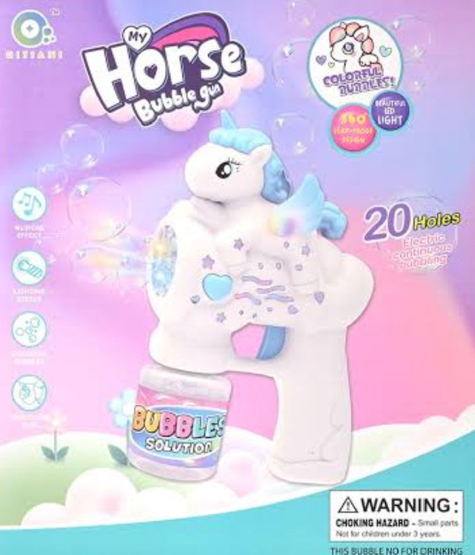 Unicorn-shaped bubble gun with colorful packaging featuring the brand 'My Horse Bubble Gun'.